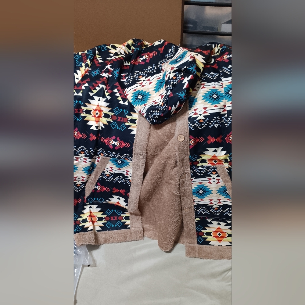 Retro printed hooded fleece jacket